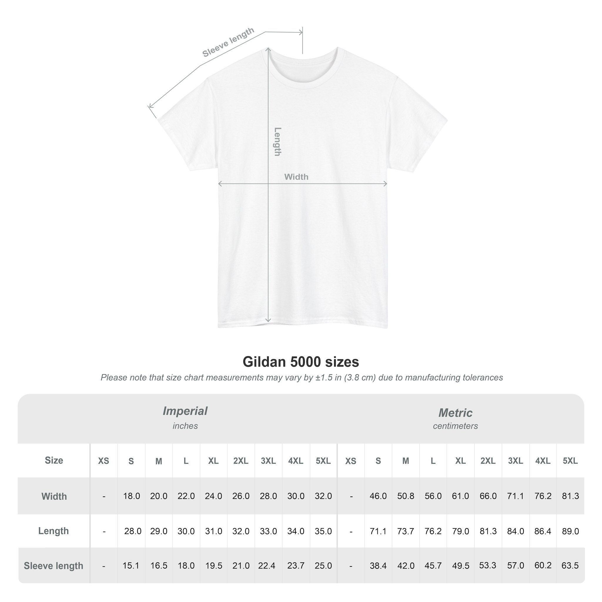 Illustration of the Kings Painting Co. Logo T‑Shirt (Classic) | Gildan Ultra Cotton (G5000) in white, displaying measurements for length, width, and sleeve length. Below the diagram is a size chart with dimensions for XS through 5XL in both inches and centimeters for width, length, and sleeve length.