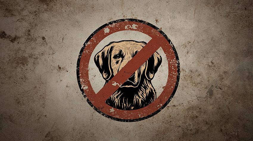 A vintage-style sign shows a dogs head inside a red prohibition symbol on a weathered, brown background, indicating that dogs are not allowed.